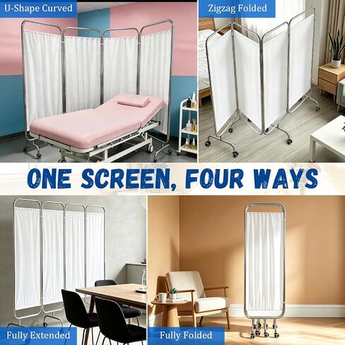 4-Panel Medical Privacy Screen, 79" W X 71" H Portable Room Divider with Lockable Wheels, Movable Stainless Steel Folding Room Partitions for Hospital, Clinic, Bedroom, Salon, White in Kuwait
