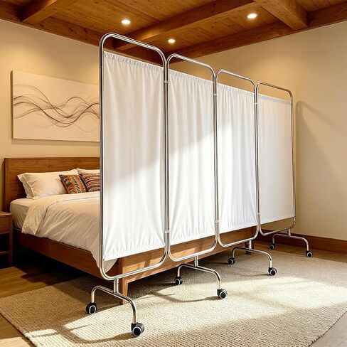 4-Panel Medical Privacy Screen, 79" W X 71" H Portable Room Divider with Lockable Wheels, Movable Stainless Steel Folding Room Partitions for Hospital, Clinic, Bedroom, Salon, White in Kuwait