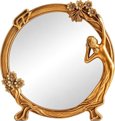 Nerien Resin Vintage Makeup Mirror, Decorative Tabletop Gold Mirror, Standing Desktop Antique Cosmetic Mirror, Maid Girl Vanity Mirror for Wall, Floral Dressing Mirror with Stand Home Decor, Oval in Saudi Arabia