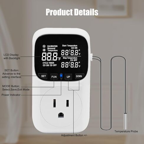 Digital Thermostat Outlet , 15A 1800W Digital Temperature Controller Plug in Heating Cooling Control Timer -40℉-210℉,for Greenhouse, Incubation, Homebrewing（Black LCD） in Kuwait