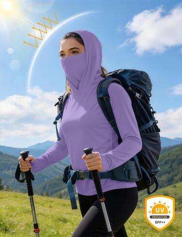 isnowood Women's Sun Protection Hoodie, UPF 50+ Hiking Fishing Shirt, Long Sleeve UV Rash Guard with Face Mask Lightweight Purple in Kuwait