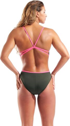 ARENA Women's Solid Team MaxLife Sports Swimsuit Lace Back One Piece Racing Bathing Suit Competition Training Athletic Swimwear, Dark Sage Green/Shocking Pink, US Size 34 in Kuwait