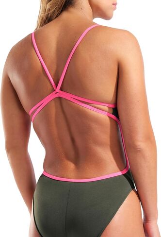 ARENA Women's Solid Team MaxLife Sports Swimsuit Lace Back One Piece Racing Bathing Suit Competition Training Athletic Swimwear, Dark Sage Green/Shocking Pink, US Size 34 in Kuwait