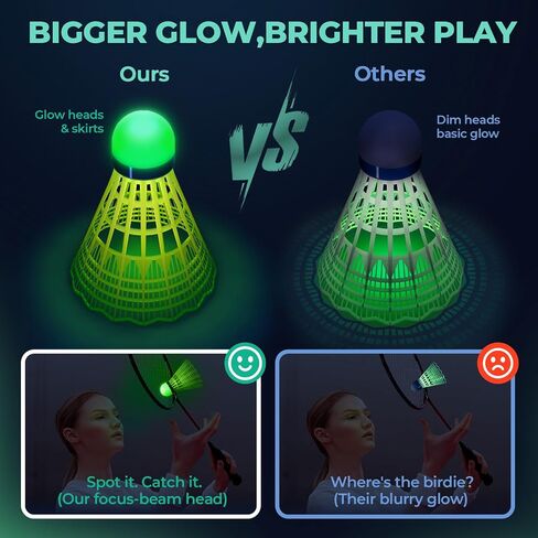 مجموعة مضارب كرة الريشة مكونة من 2+6 طيور كرة الريشة من النايلون LED، 360 نايلون يتوهج في الظلام لتنس الريشة لممارسة لعبة البيسبول في الساحات الخلفية، مجموعة طائر مضيئة بلونين للرياضات الداخلية والخارجية in Kuwait