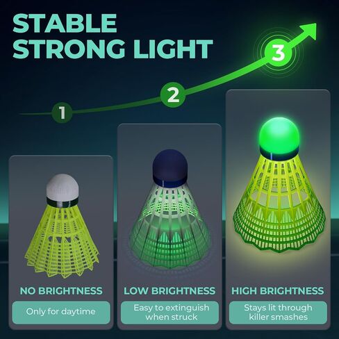 مجموعة مضارب كرة الريشة مكونة من 2+6 طيور كرة الريشة من النايلون LED، 360 نايلون يتوهج في الظلام لتنس الريشة لممارسة لعبة البيسبول في الساحات الخلفية، مجموعة طائر مضيئة بلونين للرياضات الداخلية والخارجية in Kuwait