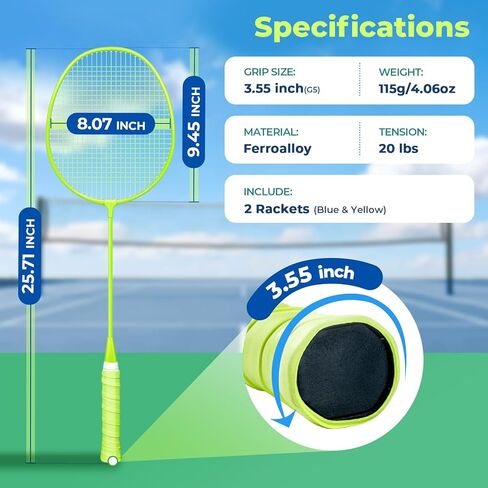 مجموعة مضارب كرة الريشة مكونة من 2+6 طيور كرة الريشة من النايلون LED، 360 نايلون يتوهج في الظلام لتنس الريشة لممارسة لعبة البيسبول في الساحات الخلفية، مجموعة طائر مضيئة بلونين للرياضات الداخلية والخارجية in Kuwait