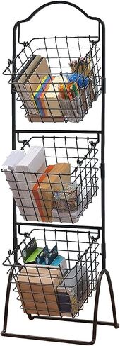 FixtureDisplays® 11 X 11 X 47.6 بوصة رف عرض أرضي لسلة السوق المعدنية باللون الأسود ثلاثي الطبقات للمنزل والمطبخ ومتاجر البقالة بالتجزئة 16787NEW-NPF in Kuwait