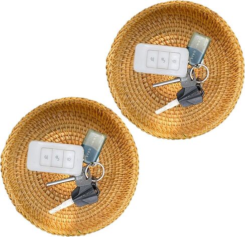 Small Round Display Basket for Entryway Hand Woven Wicker Rattan healthy environmental Vine Storage Organizer Cane Decorative Tray for Keys Wallet Phone remote control Fruit Candy Cake Food (2pcs) in Kuwait