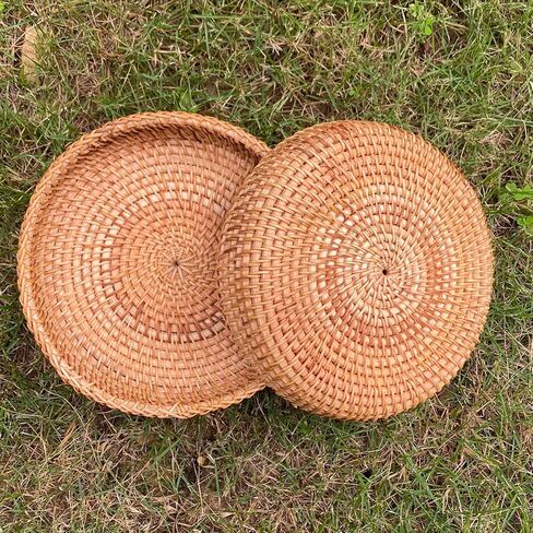 Small Round Display Basket for Entryway Hand Woven Wicker Rattan healthy environmental Vine Storage Organizer Cane Decorative Tray for Keys Wallet Phone remote control Fruit Candy Cake Food (2pcs) in Kuwait