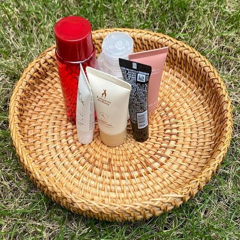Small Round Display Basket for Entryway Hand Woven Wicker Rattan healthy environmental Vine Storage Organizer Cane Decorative Tray for Keys Wallet Phone remote control Fruit Candy Cake Food (2pcs) in Kuwait