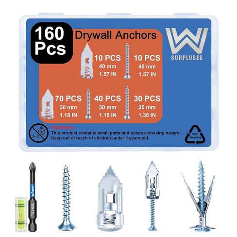 160 Pcs Gold Drywall Anchors with Screws Kit, Zinc Plated Alloy Steel | Includes a Phillips Screwdriver And a Level Gauge, 2 Size Drywall Anchors And 3 Size Screws in Kuwait