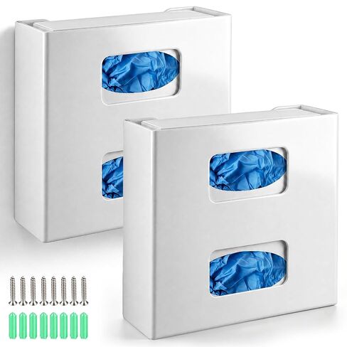 2 Pcs Double Glove Box Holder Wall Mount or Countertop Dispenser, Fits Standard Disposable Nitrile Latex Boxes, Durable Plastic Organizer for Medical Dental Lab Kitchen Food Service Use in Kuwait