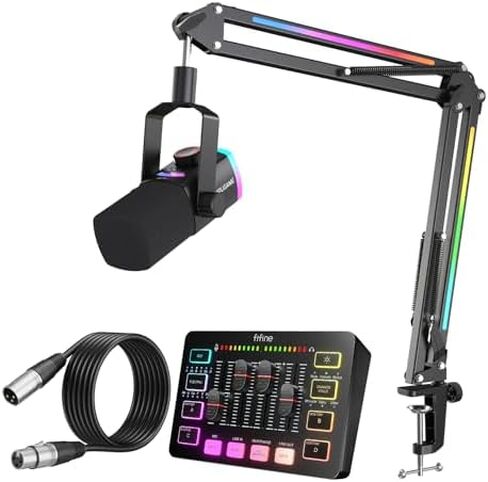 حزمة صوت ألعاب FIFINE PC: ميكروفون XLR/USB ديناميكي مع ذراع بوم + خلاط صوت مع طاقة فانتوم 48 فولت، التحكم في مستوى الصوت + كابل XLR بطول 10 أقدام للبودكاست/التسجيل/صوت اللعبة (AM8PROT+SC3+L9) in Kuwait