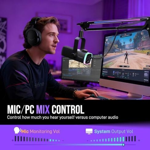 حزمة صوت ألعاب FIFINE PC: ميكروفون XLR/USB ديناميكي مع ذراع بوم + خلاط صوت مع طاقة فانتوم 48 فولت، التحكم في مستوى الصوت + كابل XLR بطول 10 أقدام للبودكاست/التسجيل/صوت اللعبة (AM8PROT+SC3+L9) in Kuwait