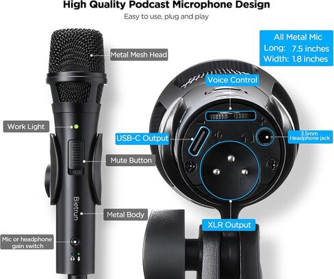 Xlr Usb Dynamic Microphone for Singing Recording, Metal Dynamic Studio Singing Recording Microphone with Mic Gain, Desktop Stand, Pop Filter, Headphone Jack, for PC, Audio Interface, Mixer, Mac in Kuwait