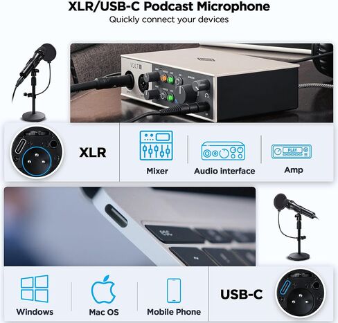 Xlr Usb Dynamic Microphone for Singing Recording, Metal Dynamic Studio Singing Recording Microphone with Mic Gain, Desktop Stand, Pop Filter, Headphone Jack, for PC, Audio Interface, Mixer, Mac in Kuwait