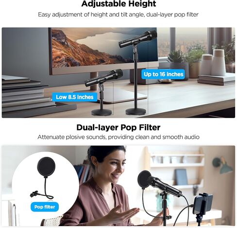 Xlr Usb Dynamic Microphone for Singing Recording, Metal Dynamic Studio Singing Recording Microphone with Mic Gain, Desktop Stand, Pop Filter, Headphone Jack, for PC, Audio Interface, Mixer, Mac in Kuwait