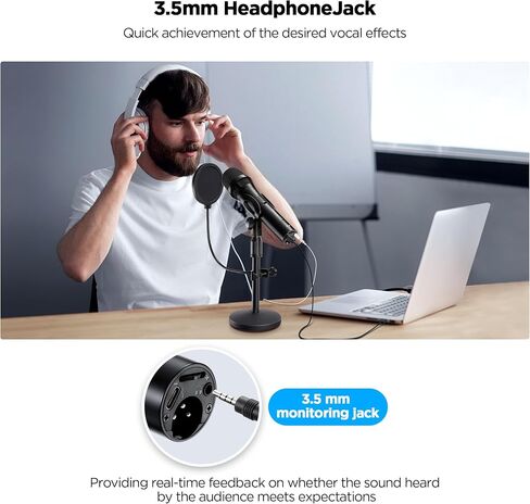 Xlr Usb Dynamic Microphone for Singing Recording, Metal Dynamic Studio Singing Recording Microphone with Mic Gain, Desktop Stand, Pop Filter, Headphone Jack, for PC, Audio Interface, Mixer, Mac in Kuwait