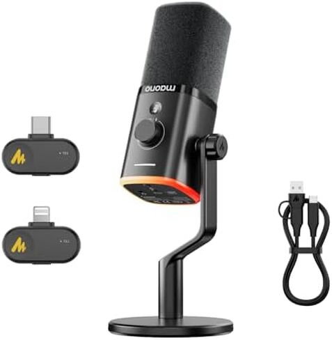 ميكروفون لاسلكي MAONO PD100W لهواتف iPhone، وهواتف Android، والكمبيوتر الشخصي، وميكروفون سطح المكتب مع مستقبل USB-C/Lightning لتسجيل منشئ المحتوى، والبودكاست، وبث الألعاب in Kuwait