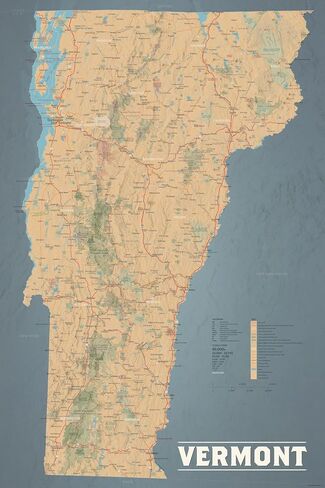 Vermont State Wall Map 36x54 Poster (Tan & Slate Blue | Jumbo Size) in Kuwait