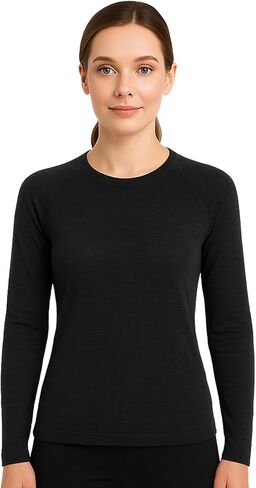 100% Merino Wool Base Layer Women, Lightweight Thermal Underwear Soft Long Sleeve Shirt for Hiking Running in Kuwait