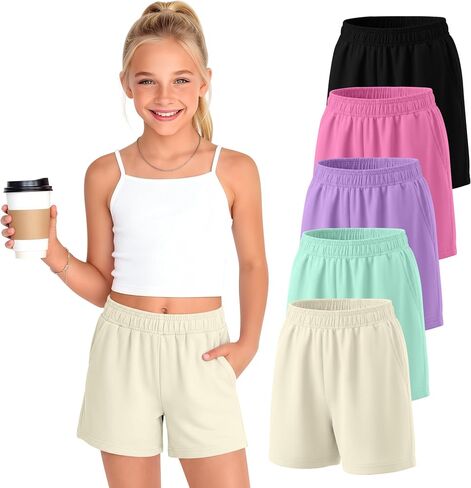 5 Pack Girls Athletic Shorts Cotton Wide Leg Workout Sport Summer Casual Sweat Shorts with Pockets Elastic Waist in Kuwait