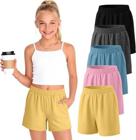 5 Pack Girls Athletic Shorts Cotton Wide Leg Workout Sport Summer Casual Sweat Shorts with Pockets Elastic Waist in Saudi Arabia