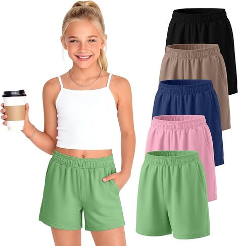 5 Pack Girls Athletic Shorts Cotton Wide Leg Workout Sport Summer Casual Sweat Shorts with Pockets Elastic Waist in Saudi Arabia