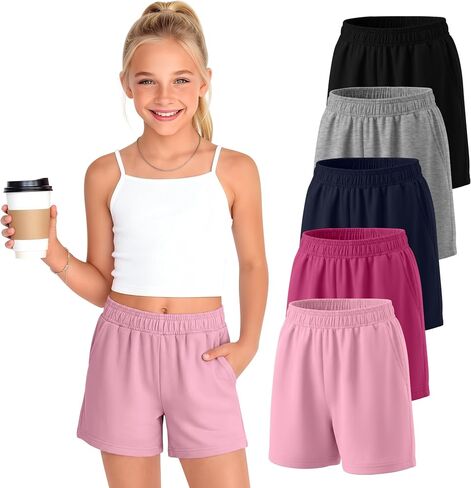 5 Pack Girls Athletic Shorts Cotton Wide Leg Workout Sport Summer Casual Sweat Shorts with Pockets Elastic Waist in Saudi Arabia