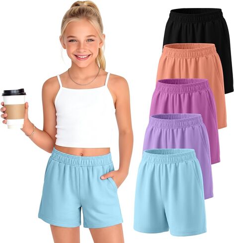 5 Pack Girls Athletic Shorts Cotton Wide Leg Workout Sport Summer Casual Sweat Shorts with Pockets Elastic Waist in Saudi Arabia