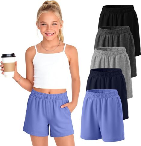 5 Pack Girls Athletic Shorts Cotton Wide Leg Workout Sport Summer Casual Sweat Shorts with Pockets Elastic Waist in Saudi Arabia