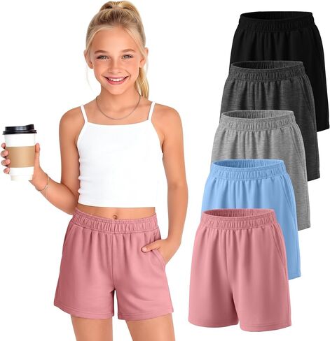 5 Pack Girls Athletic Shorts Cotton Wide Leg Workout Sport Summer Casual Sweat Shorts with Pockets Elastic Waist in Saudi Arabia