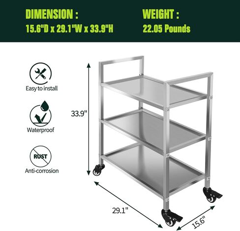 3 Shelf Stainless Steel Cart, 400 Lbs, 1MM Thick, Serving Cart with Wheels, Household, Service Trolley, 360°Rotation Storage Shelf with Locking Wheels in Kuwait