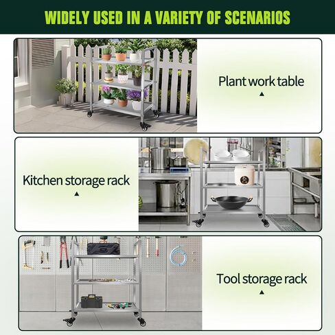 3 Shelf Stainless Steel Cart, 400 Lbs, 1MM Thick, Serving Cart with Wheels, Household, Service Trolley, 360°Rotation Storage Shelf with Locking Wheels in Kuwait