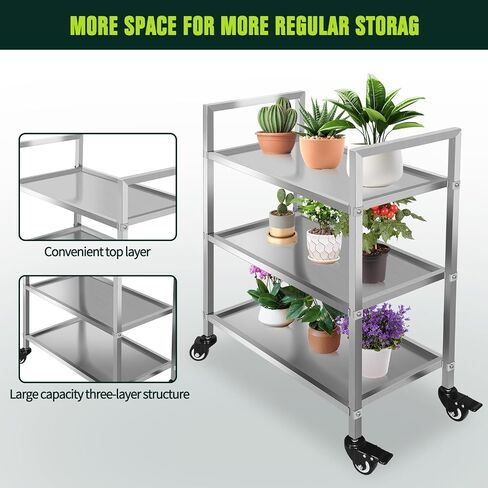 3 Shelf Stainless Steel Cart, 400 Lbs, 1MM Thick, Serving Cart with Wheels, Household, Service Trolley, 360°Rotation Storage Shelf with Locking Wheels in Kuwait
