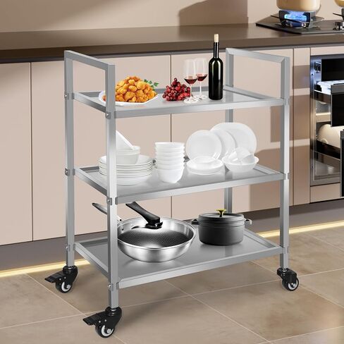 3 Shelf Stainless Steel Cart, 400 Lbs, 1MM Thick, Serving Cart with Wheels, Household, Service Trolley, 360°Rotation Storage Shelf with Locking Wheels in Kuwait