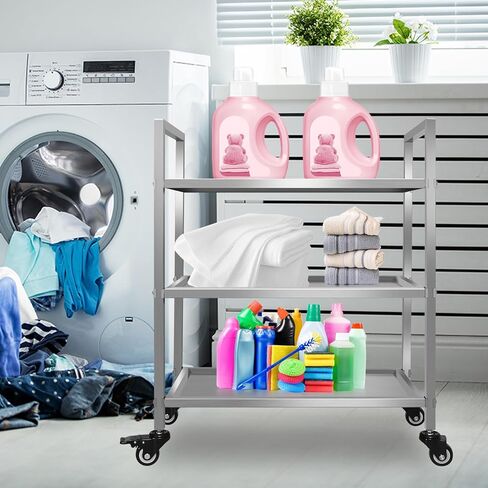 3 Shelf Stainless Steel Cart, 400 Lbs, 1MM Thick, Serving Cart with Wheels, Household, Service Trolley, 360°Rotation Storage Shelf with Locking Wheels in Kuwait