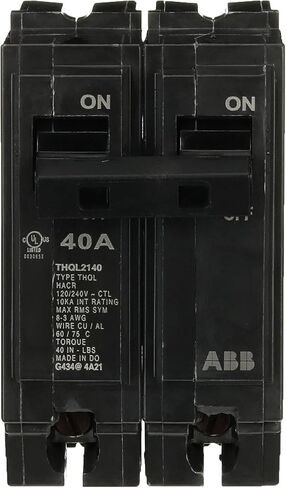 ABB Q-Line® THQL2140 Circuit Breaker • 40 Amp Double-Pole Breaker • 120/240 VAC • 10 kAIC Interrupt Rating • Thermal Magnetic Plug-On Breaker for Load Centers in Saudi Arabia