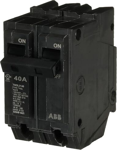 ABB Q-Line® THQL2140 Circuit Breaker • 40 Amp Double-Pole Breaker • 120/240 VAC • 10 kAIC Interrupt Rating • Thermal Magnetic Plug-On Breaker for Load Centers in Saudi Arabia