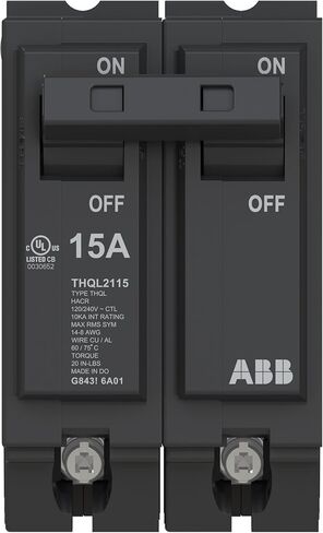 ABB Q-Line® THQL2115 Circuit Breaker • 15 Amp Double-Pole Breaker • 120/240 VAC • 10 kAIC Interrupt Rating • Thermal Magnetic Plug-On Breaker for Load Centers in Saudi Arabia