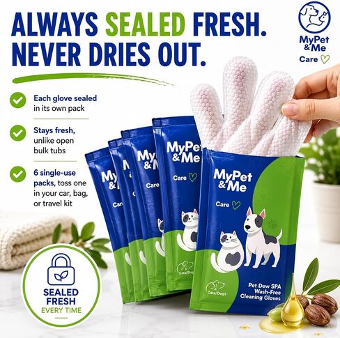 Mypet & Me Travel Cleaning Gloves - 6 CT | مناديل لا شطف للحيوانات الأليفة للكلاب والقطط | القفازات اللطيفة وترطيب القفازات | منظف ​​مخلب سهل وحمام الكلاب in Kuwait