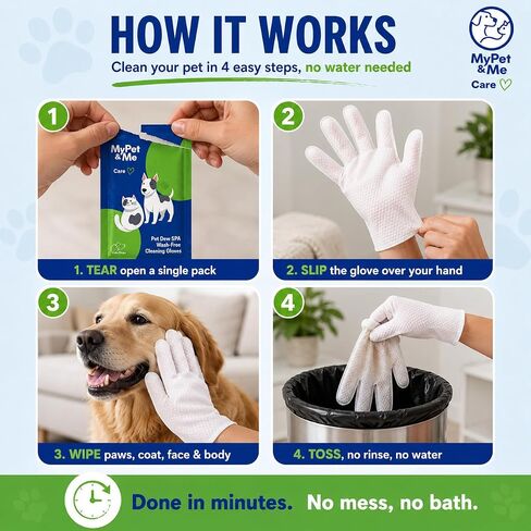 Mypet & Me Travel Cleaning Gloves - 6 CT | مناديل لا شطف للحيوانات الأليفة للكلاب والقطط | القفازات اللطيفة وترطيب القفازات | منظف ​​مخلب سهل وحمام الكلاب in Kuwait