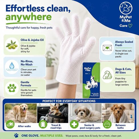 Mypet & Me Travel Cleaning Gloves - 6 CT | مناديل لا شطف للحيوانات الأليفة للكلاب والقطط | القفازات اللطيفة وترطيب القفازات | منظف ​​مخلب سهل وحمام الكلاب in Kuwait