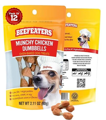Dog Treats - Munchy Chicken Dumbbells 2.11oz, Case if 12 | Dog Food Savory Real Chicken & Beef Hide Treats | High Protein & Low Fat | Training Treats For All Dog Sizes | BEEFEATERS in Saudi Arabia