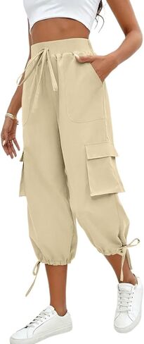 Womens Capris with Pockets Loose Fit Casual Capri Pants Dressy Drawstring Ladies Baggy Cargo Pants for Hiking in Kuwait