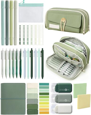 34 PCS Pencil Case مع سعة كبيرة ، حقيبة من 4 مقاطع ، قماش ناعم محمول ، أقلام تمييز ، شريط تصحيح ، مقطع ، مجموعة البوصلة ، غسل سهلة ، أساسية في دراسة جمالية أنيقة (خضراء) in Kuwait
