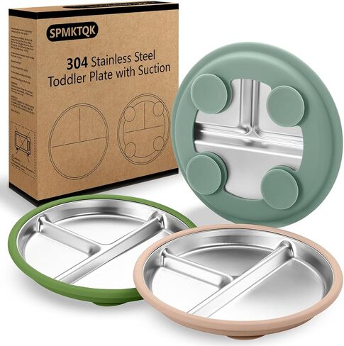 3Pack Stainless Steel Kids Plates, 8.1" Divided Kids Plate with Removable Silicone Suction Sleeves for Baby Highchairs, Non Toxic BPA Free Non-Slip Unbreakable Snack Lunch Plates in Saudi Arabia