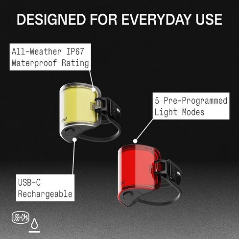 Knog Cobber Mini Bike Light Twinpack، 120 لومن أمامي و75 لومن خلفي USB-C مصابيح LED قابلة لإعادة الشحن، زاوية شعاع 330 درجة، 5 أوضاع، مقاومة للماء IP67، متوافقة مع القضبان القياسية والهوائية والشوك وأعمدة المقاعد | تركيبات المصباح الخلفي للدراجة in Kuwait