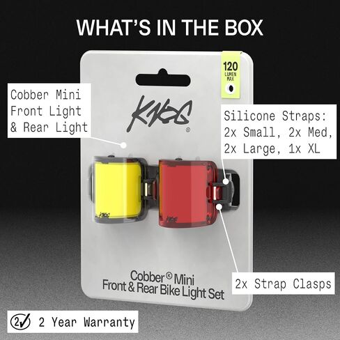 Knog Cobber Mini Bike Light Twinpack، 120 لومن أمامي و75 لومن خلفي USB-C مصابيح LED قابلة لإعادة الشحن، زاوية شعاع 330 درجة، 5 أوضاع، مقاومة للماء IP67، متوافقة مع القضبان القياسية والهوائية والشوك وأعمدة المقاعد | تركيبات المصباح الخلفي للدراجة in Kuwait