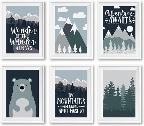 Hadley Designs 6 Reversible 8x10 Adventure Awaits Wall Decor Prints Sign, Mountain Nursery Decor, Adventure Baby Shower Decorations, Adventure Awaits Baby Shower, Boy Nursery Wall Decor in Saudi Arabia